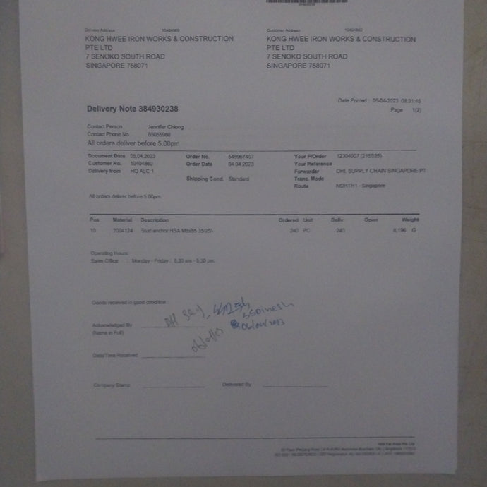 (215S25) HSA M8 X 85 / Hilti Far East Pte Ltd / 4 Apr 23