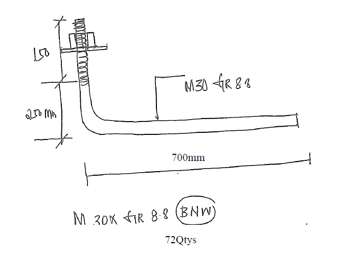 [20525C] M30 X 400MM (T:150MM) X 700MM GR8.8 L-ANCHOR BOLT C/W 1PC CLASS 8 HEX NUT, 1PC F436 FLAT WASHER - GALVD