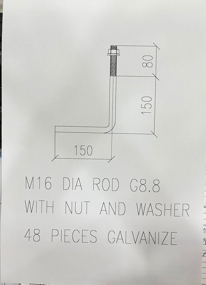[K17027] M16 X 230MM (T:80MM) X 150MM GR8.8 L-ANCHOR BOLT C/W 1PC CLASS 8 HEX  NUT, 1PC F436 FW - GALVD